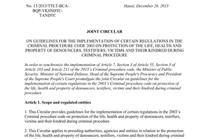 Joint Circular 13/2013/TTLT-BCA-BQP-VKSNDTC-TANDTC implementation Criminal Procedure Code 2003