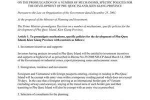 Decision No. 80/2013/QĐ-TTg mechanisms specific policies for the development of Phu Quoc Kien Giang