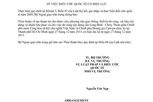 Thông báo hiệu lực Thỏa thuận tạo thuận lợi thi công xây dựng cầu Long Bình Chrey Thom Việt Nam Cam-pu-chia