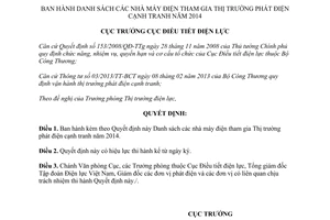 Quyết định 76/QĐ-ĐTĐL năm 2013 Danh sách nhà máy điện tham gia Thị trường 2014