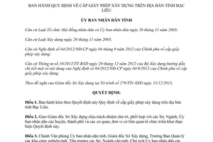 Quyết định 32/2013/QĐ-UBND cấp giấy phép xây dựng Bạc Liêu