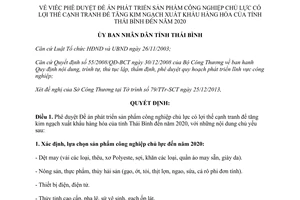 Quyết định 3041/QĐ-UBND sản phẩm công nghiệp chủ lực tăng kim ngạch xuất khẩu Thái Bình