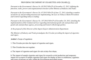 Circular No. 37/2013/TT-BCT stipulating the import of cigarettes and cigars