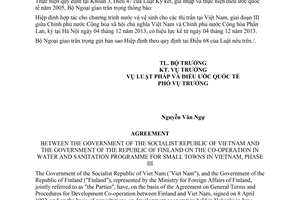 Thông báo hiệu lực Hiệp định hợp tác nước và vệ sinh thị trấn Việt Nam giai đoạn III Phần Lan