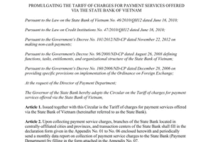 Circular No. 26/2013/TT-NHNN promulgating the tariff of charges for payment services offered via the State Bank of Vietnam