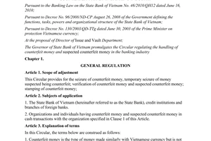 Circular No. 28/2013/TT-NHNN handling of counterfeit money suspected counterfeit money banking industry
