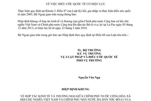 Thông báo hiệu lực Hiệp định khung hợp tác kinh tế thương mại Việt Nam Bô-li-vi-a