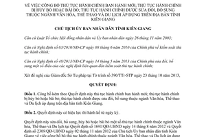 Quyết định 2844/QĐ-UBND năm 2013 thủ tục hành chính ngành Văn hóa Thể thao Du lịch Kiên Giang
