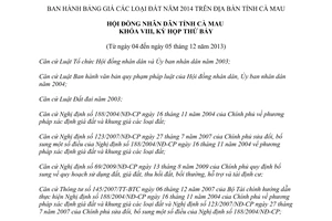 Nghị quyết 13/2013/NQ-HĐND Bảng giá đất năm 2014 Cà Mau