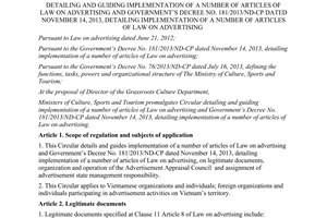 Circular No. 10/2013/TT-BVHTTDL implementation of Law on dvertising and Decree No. 181/2013/ND-CP