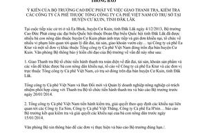 Thông báo 5710/TB-BNN-VP năm 2013 thanh tra kiểm tra Công ty Cà phê Đăk Lăk