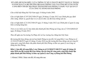 Thông tư 50/2013/TT-BGTVT công bố vùng nước cảng biển Hải Phòng khu vực quản lý Cảng vụ Hàng hải