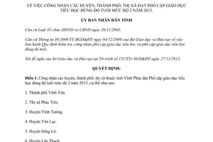 Quyết định 3586/QĐ-UBND năm 2013 công nhận huyện thị xã đạt Phổ cập tiểu học đúng tuổi Vĩnh Phúc