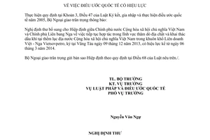 Thông báo hiệu lực Nghị định thư bổ sung Hiệp định hợp tác thăm dò địa chất khai thác dầu khí Việt Nga