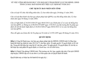 Quyết định 141/QĐ-UBND 2014 Danh mục văn bản pháp luật Cà Mau hết hiệu lực định kỳ 2013