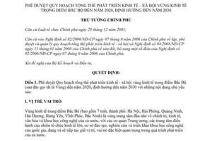 Quyết định 198/QĐ-TTg năm 2014 Quy hoạch phát triển kinh tế xã hội vùng trọng điểm Bắc Bộ 2020 2030