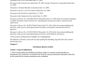 Circular No. 15/2014/TT-BTC guidance on handling of goods left in the customs monitoring area