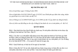 Quyết định 406/QĐ-BYT năm 2014 danh mục 30 sinh phẩm chẩn đoán invitro lưu hành Việt Nam Đợt 23