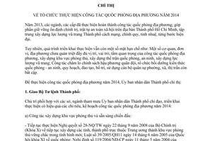 Chỉ thị 02/2014/CT-UBND tổ chức thực hiện công tác quốc phòng địa phương 2014 Hồ Chí Minh