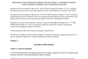 Circular No. 05/2014/TT-BC re-export temporary export for re-import border-gate transfer of goods