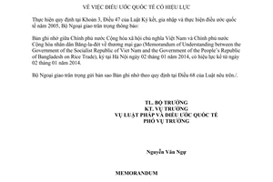 Thông báo hiệu lực Bản ghi nhớ về thương mại gạo giữa Việt Nam Băng-la-đét