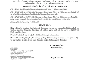 Quyết định 01/QĐ-BVHTTDL năm 2014 Danh mục QPPL văn hóa TDTT du lịch hết hiệu lực