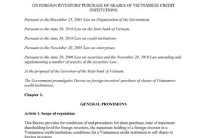 Decree No. 01/2014/ND-CP foreign investors' purchase of shares of Vietnamese credit institutions