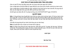 Quyết định 02/QĐ-UBND 2014 thủ tục hành chính Sở Văn hóa Thể thao Du lịch Hòa Bình