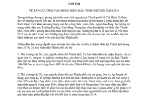 Chỉ thị 01/2014/CT-UBND tăng cường vận động hiến máu tình nguyện 2014 Hồ Chí Minh