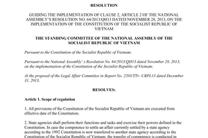 Resolution No. 719/2014/UBTVQH13 guiding No. 64/2013/QH13 implementation of Constitution