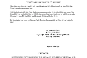 Thông báo 10/2016/TB-LPQT hiệu lực sửa đổi bản thỏa thuận thương mại gạo Việt Nam Phi-líp-pin 2010 2016