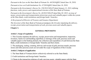 Circular No. 01/2014/TT-NHNN the delivery receipt preservation transport of cas precious assets valuable papers