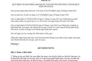 Thông tư 01/2014/TT-NHNN giao nhận bảo quản vận chuyển tiền mặt giấy tờ có giá