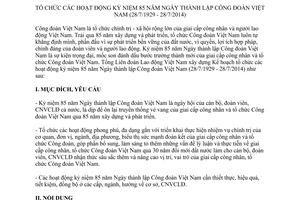 Kế hoạch 02/KH-TLĐ tổ chức kỷ niệm 85 năm Ngày thành lập Công đoàn Việt Nam 28/7/1929 - 28/7/2014