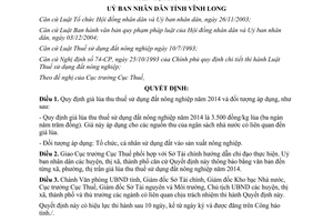 Quyết định 01/2014/QĐ-UBND thuế sử dụng đất nông nghiệp Vĩnh Long 2014