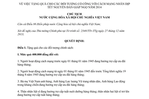 Quyết định 12/QĐ-CTN năm 2014 tặng quà đối tượng có công cách mạng Tết Giáp Ngọ