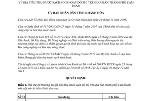 Quyết định 31/QĐ-UBND 2014 giá tiêu thụ nước sạch sinh hoạt đô thị Cam Ranh Khánh Hòa