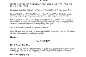 Thông tư 02/2014/TT-NHNN tiêu hủy tiền in đúc hỏng giấy in tiền hỏng kim loại đúc tiền hỏng