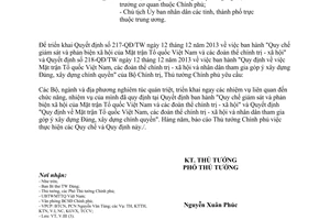 Công văn 22/TTg-V.III năm 2014 triển khai Quyết định 217-QĐ/TW