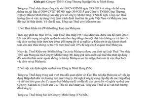 Công văn 103/TCT-HTQT năm 2014 áp dụng Hiệp định tránh đánh thuế hai lần Việt Nam Malaysia