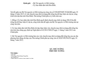 Công văn 61/TTg-KTN năm 2014 chuyển mục đích sử dụng đất trồng lúa thực hiện dự án Hòa Bình