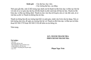 Công văn 130/TTr-ĐH năm 2014 cảnh báo hiện tượng mạo danh cán bộ thanh tra Bộ Giáo dục Đào tạo