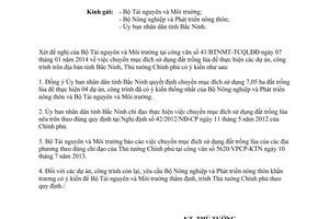 Công văn 142/TTg-KTN năm 2014 chuyển mục đích sử dụng đất trồng lúa Bắc Ninh