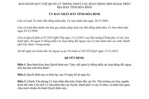 Quyết định 01/2014/QĐ-UBND Quy chế quản lý thống nhất hoạt động đối ngoại Hòa Bình