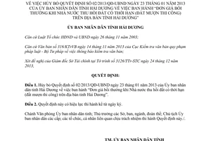 Quyết định 01/2014/QĐ-UBND hủy bỏ 02/2013/QĐ-UBND Đơn giá bồi thường Nhà nước thu hồi đất Hải Dương