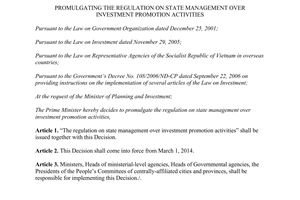 Decision No. 03/2014/QD-TTg regulation on state management over investment promotion activities