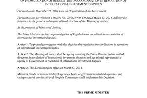 Decision No. 04/2014/QD-TTg on coordination in resolution of international investment disputes