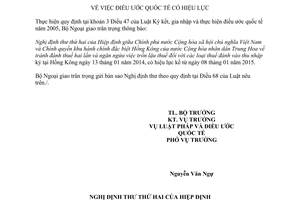 Thông báo hiệu lực Nghị định thư thứ hai Hiệp định Việt Nam Hồng Kông tránh đánh thuế hai lần