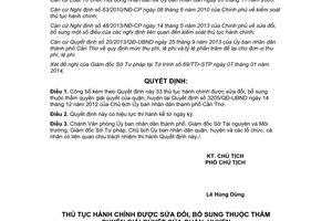 Quyết định 169/QĐ-UBND công bố thủ tục hành chính được sửa đổi thẩm quyền quận huyện Cần Thơ 2013