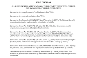 Joint-Circular No. 03/2014/TTLT-BTP-NHNNVN verification of enforcement conditions carried out by bailiffs